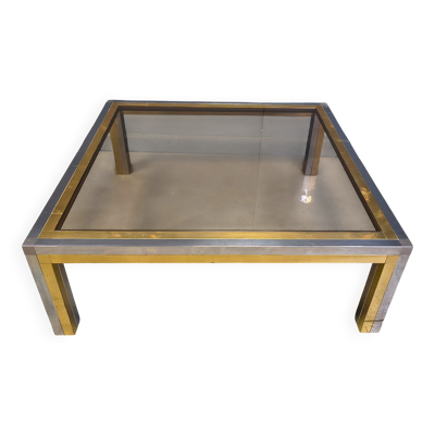 Table basse vintage en chrome et laiton dans le style de Romeo Rega, années 1970.