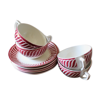 Set of 4 coffee cups saucers red art deco Digoin Sarreguemines Jacquot