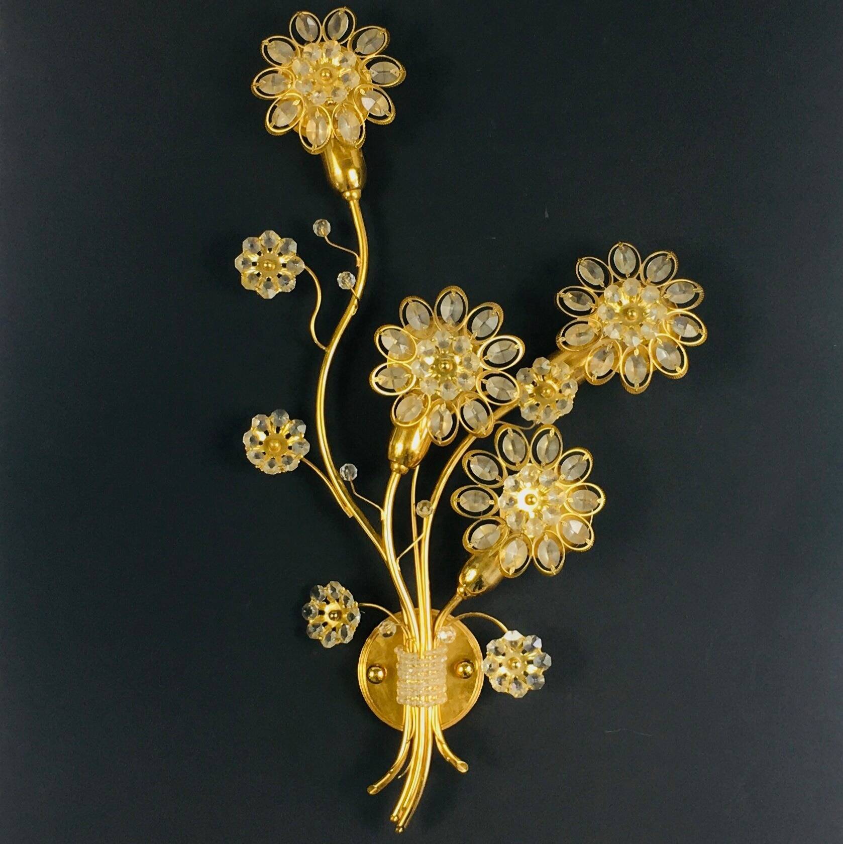 Pair of Extra Large Mid Century Gilt Brass & Crystal Flower Shape Wall Lights from Palwa, Germany