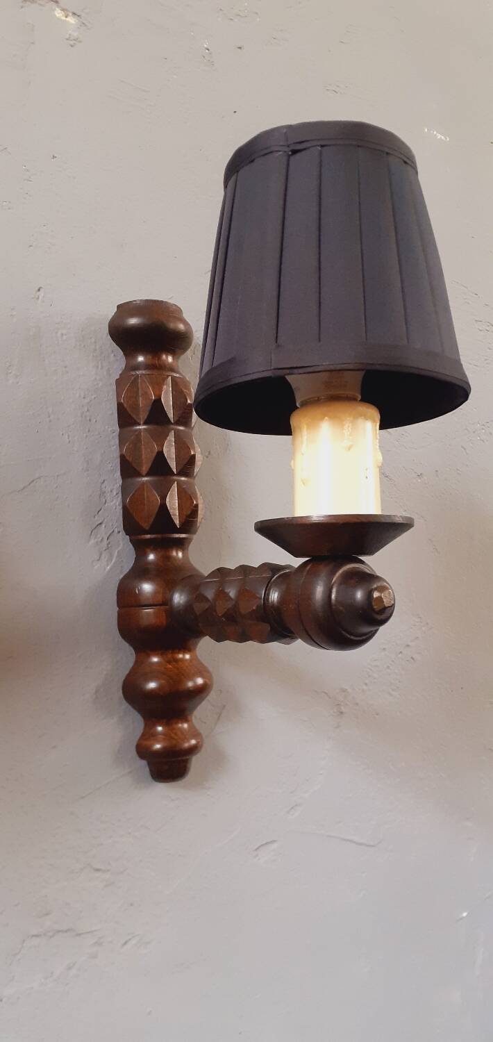 Pair of 60s Brutalist wall lights in varnished wood