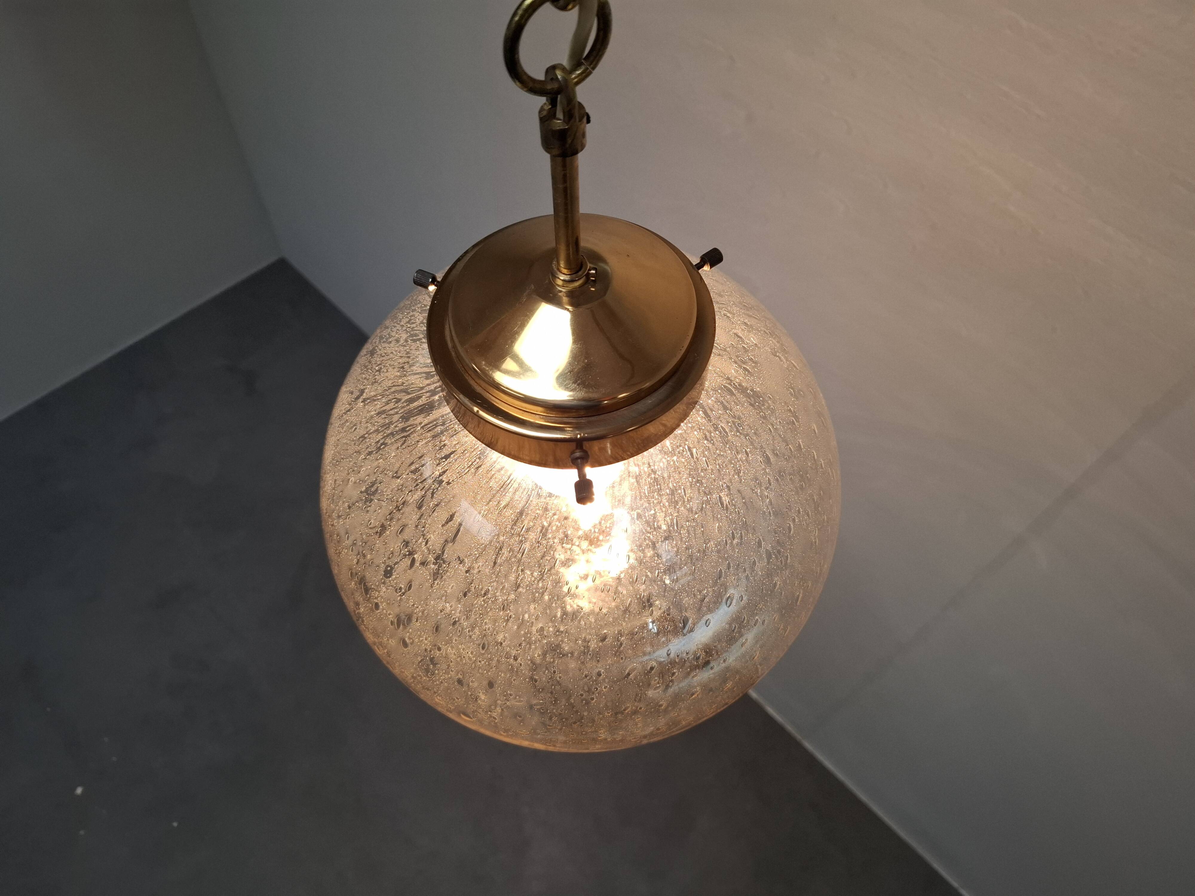 Midcentury Brass and Smoked Bubble Glass Pendant by Kamenický Šenov, 1960s