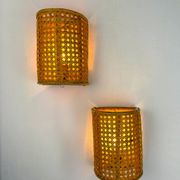 Pair of mid-century woven wicker & rattan wall sconces – Italy 1960s