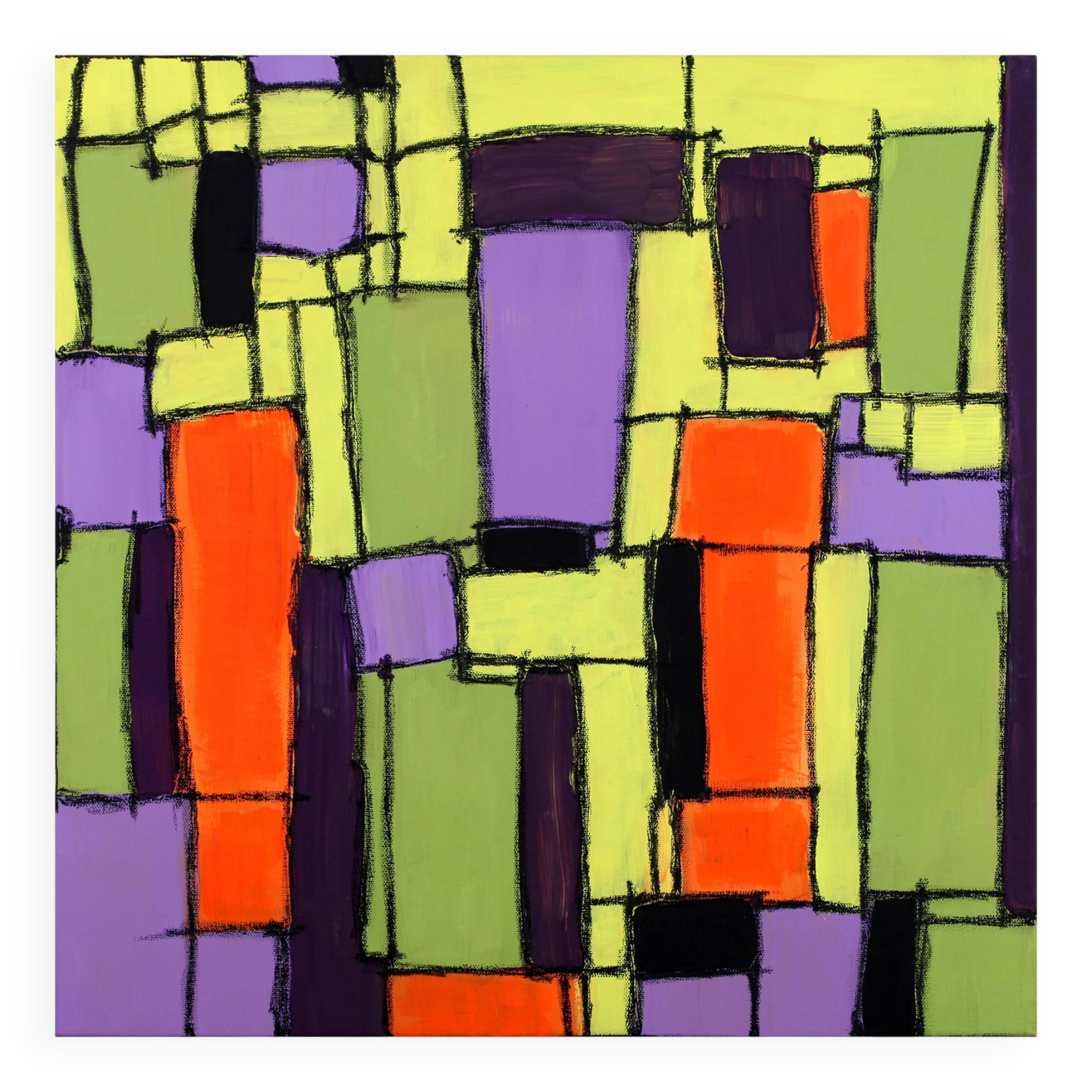 Modern abstract green, yellow, purple and orange mixed media painting
