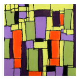 Peinture abstraite moderne aux techniques mixtes vertes, jaunes, violettes et orange