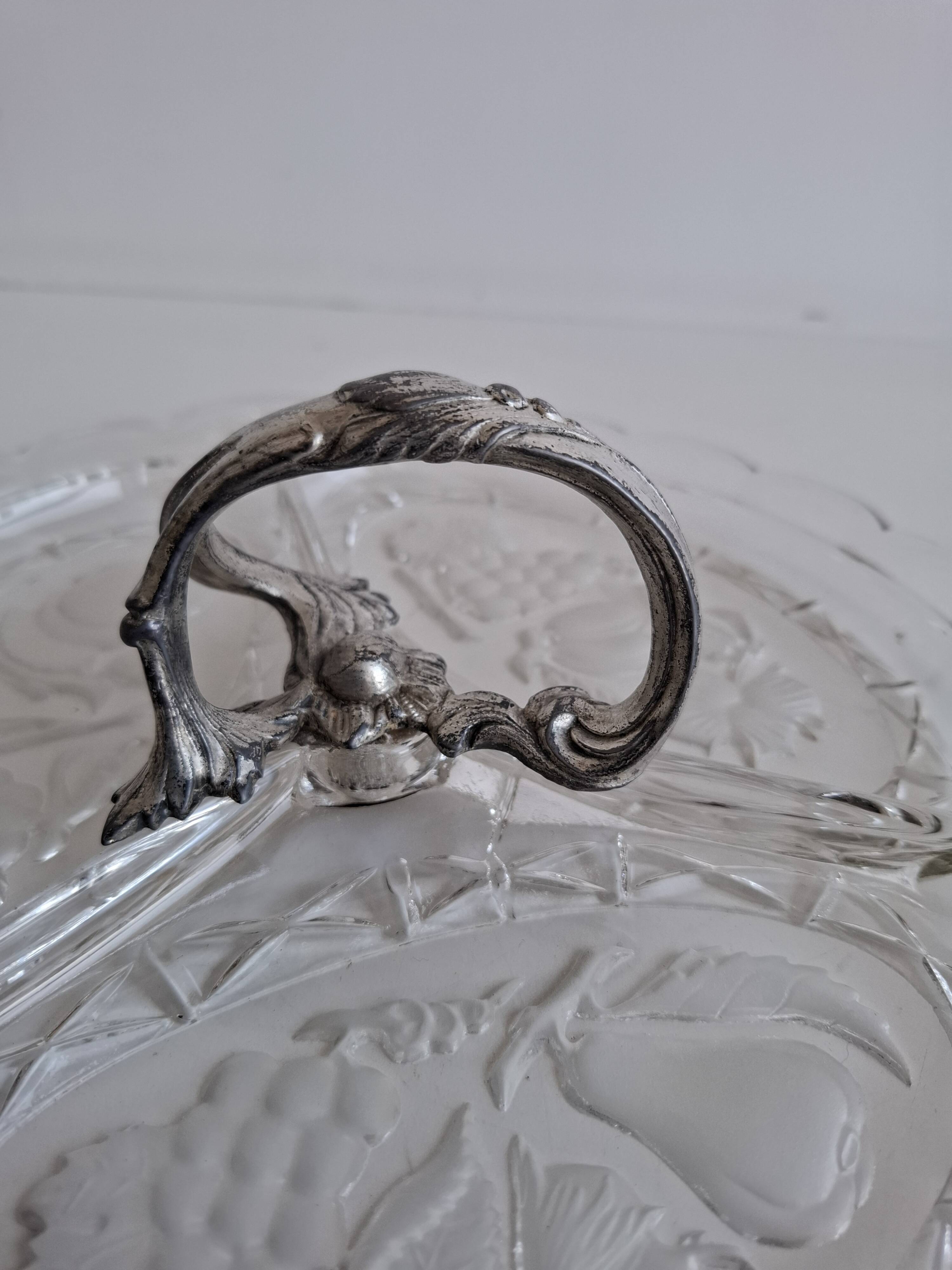 Art Deco Pressed Glass Divided Serving Dish with Alpaca Handle, 1930