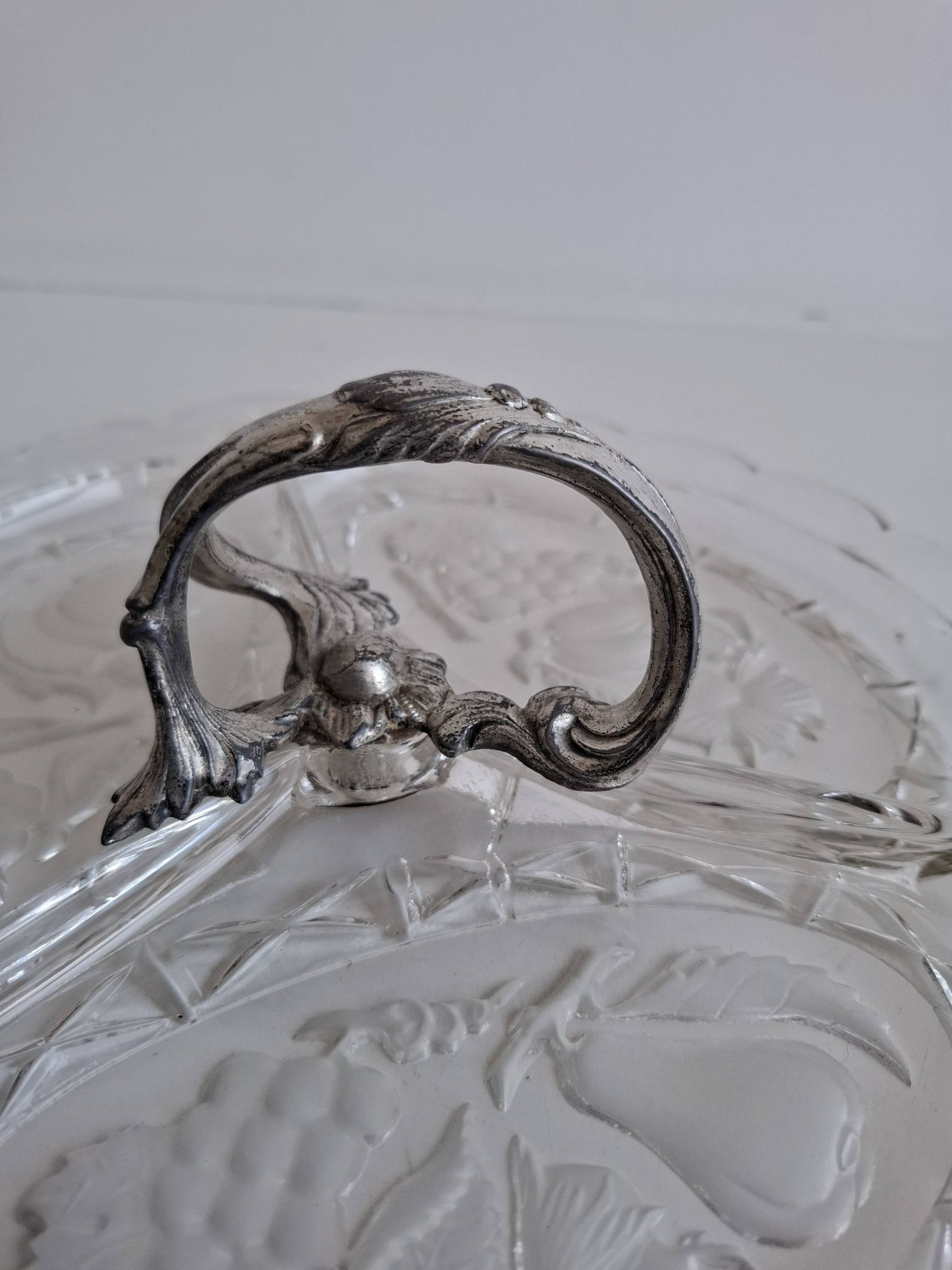 Art Deco Pressed Glass Divided Serving Dish with Alpaca Handle, 1930