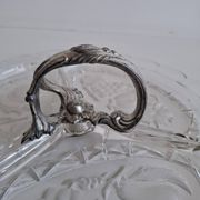 Art Deco Pressed Glass Divided Serving Dish with Alpaca Handle, 1930
