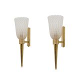 Pair of Mid-century Modern Italian Brass and Pulegoso Murano Glass Sconces