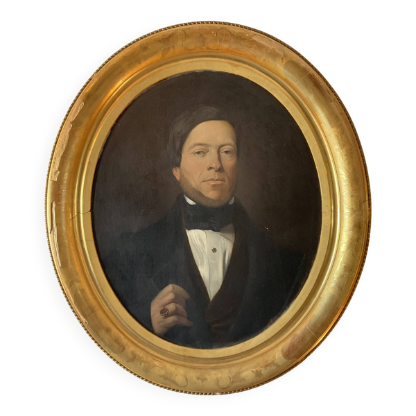 Tableau portrait homme à la chevalière . Huile sur toile 19ème