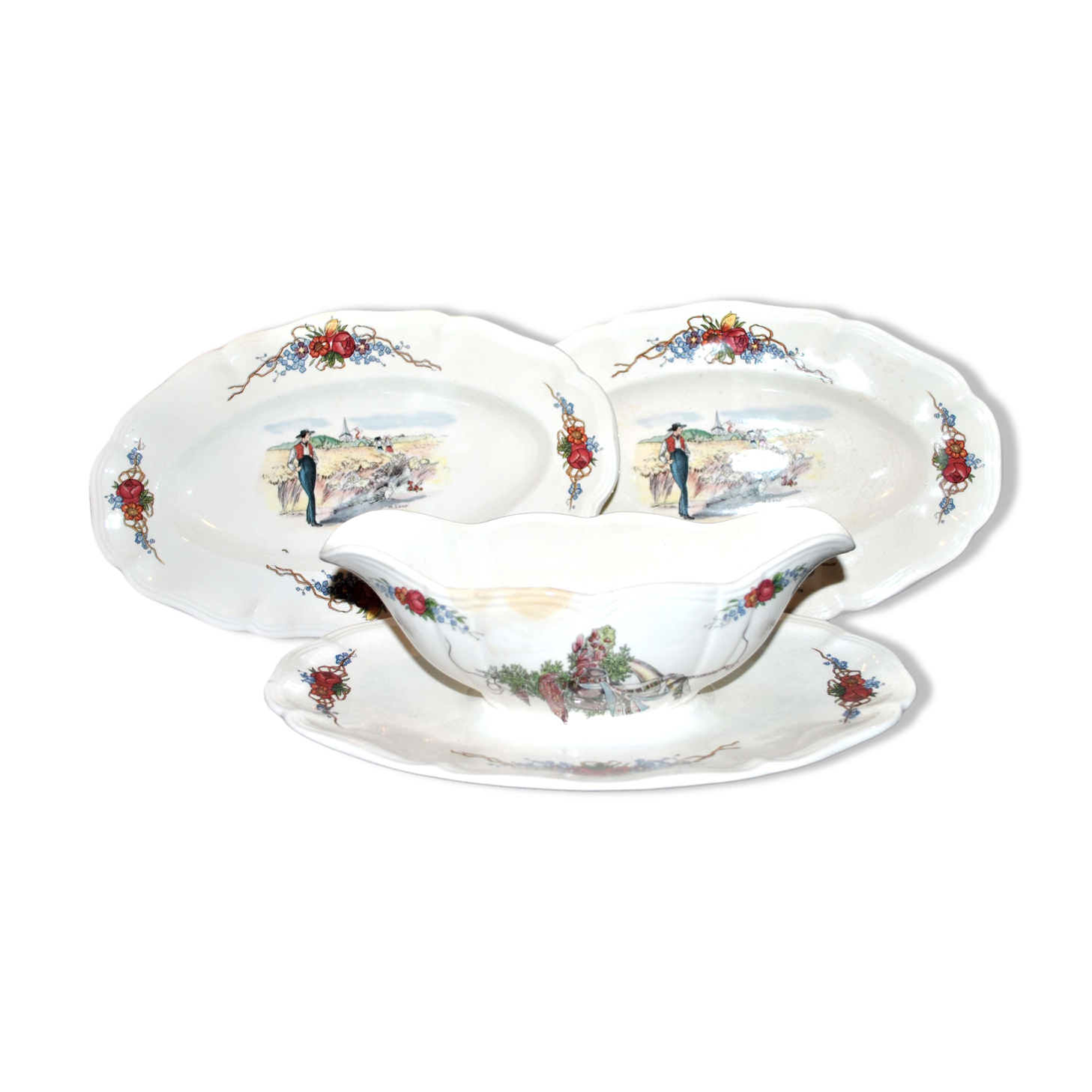 Set of 2 raviers and 1 Obernai saucière in earthenware of Sarreguemines - Décor of Loux