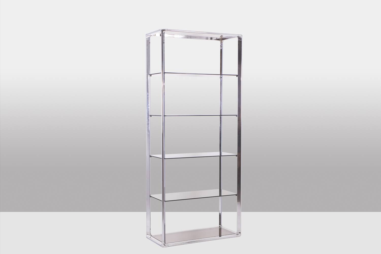 Pair of 6-shelf shelves with chrome-plated metal frames. 1970s.