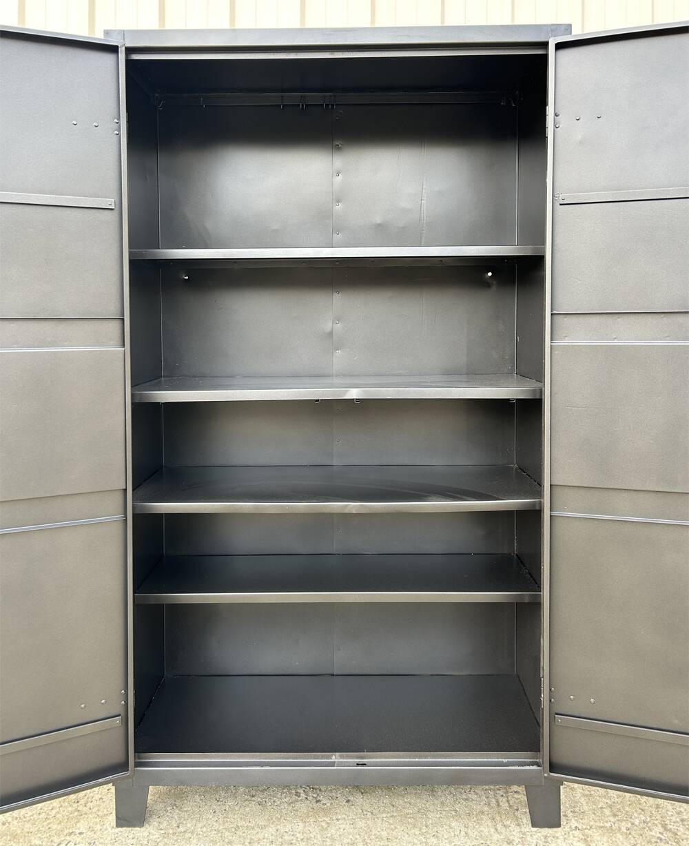 Metal kitchen cabinet, aluminum marshal's baton handles; 1950s