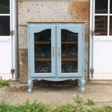 Buffet vitré ancien en bois massif bleu, rénové
