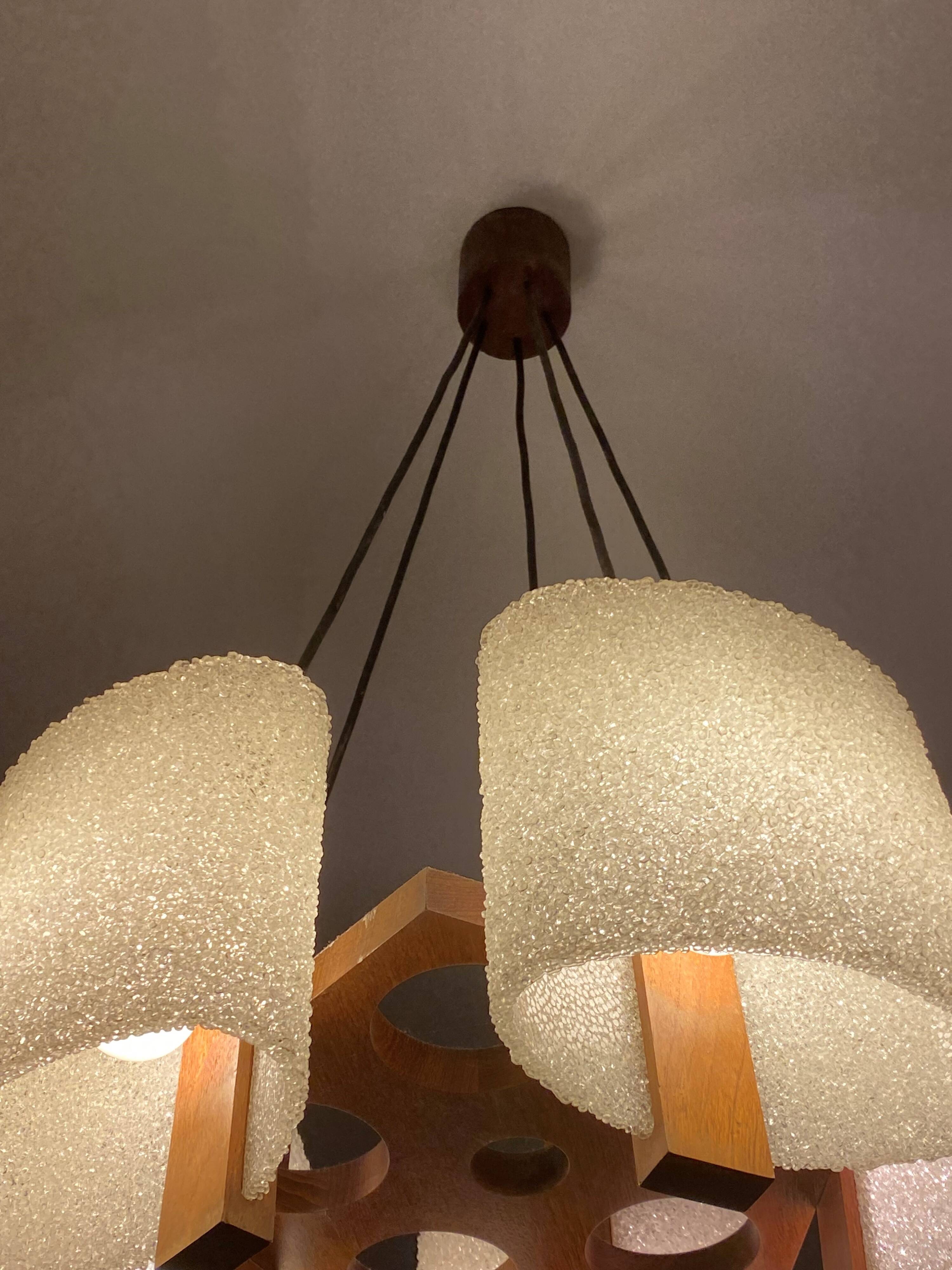 Celluloid Scandinavian teak pendant chandelier from the 60s