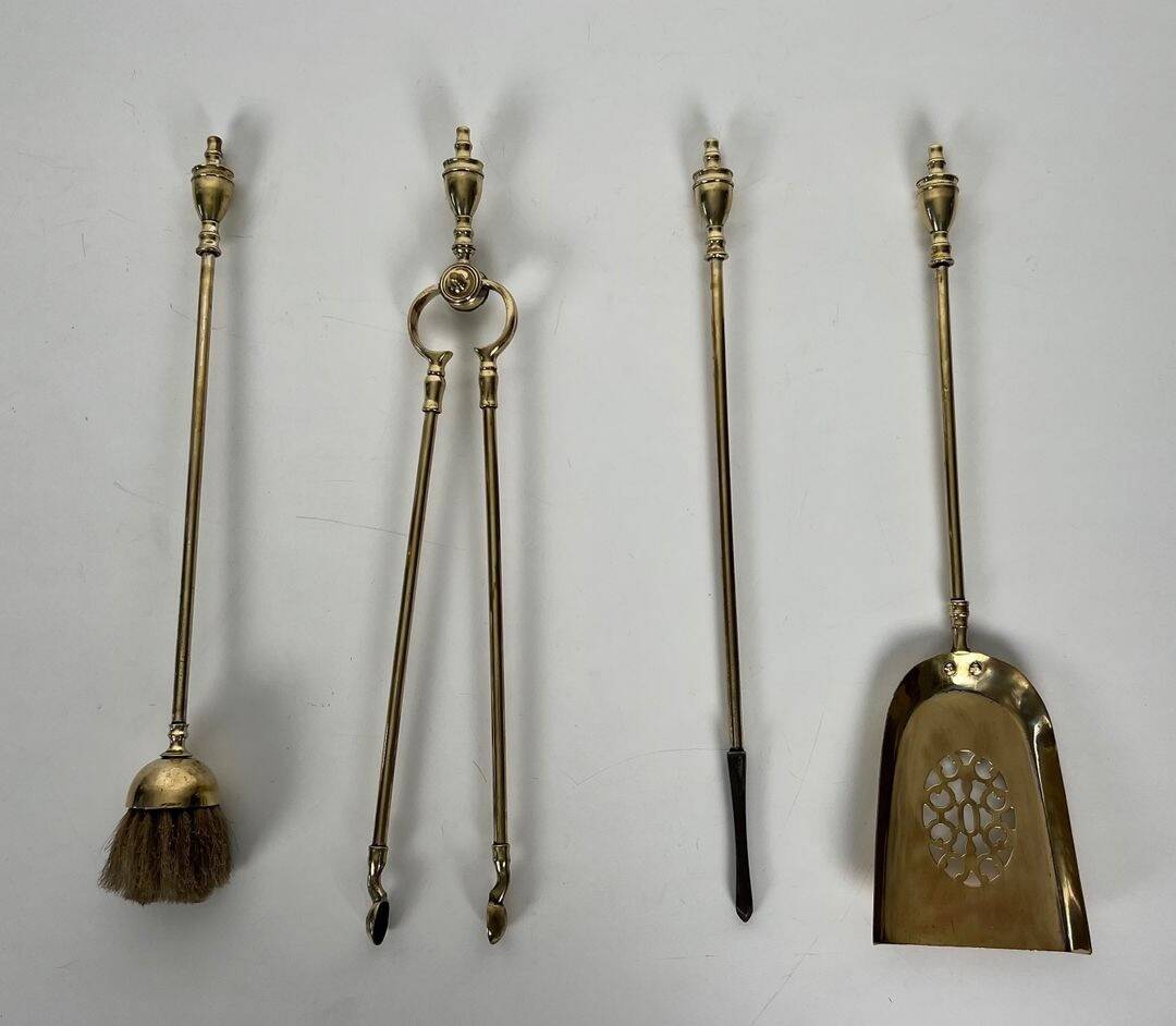 Neoclassical Polished Brass Fire Set with Ring Tools