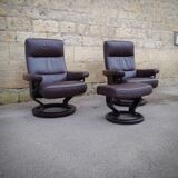 Pair of Scandinavian leather armchairs and ottoman, Ekornes, Norway, 1970s