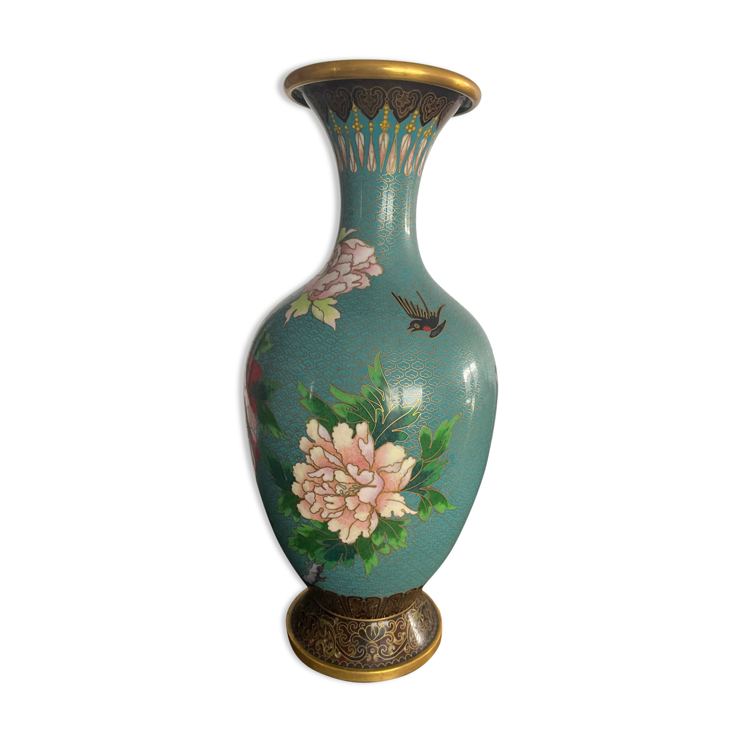 Vintage cloisonné vase in enamels and brass