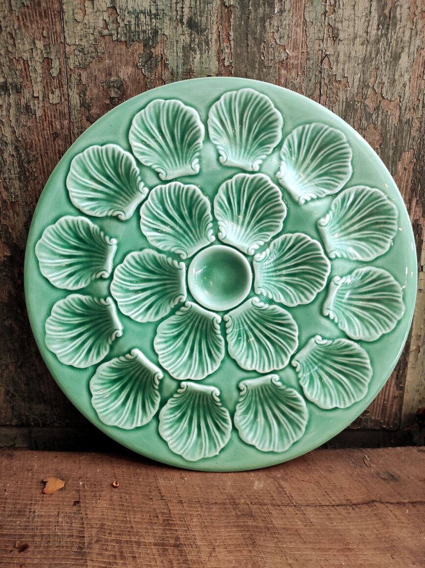 Vintage French Oyster Tray in turquoise Majolica
