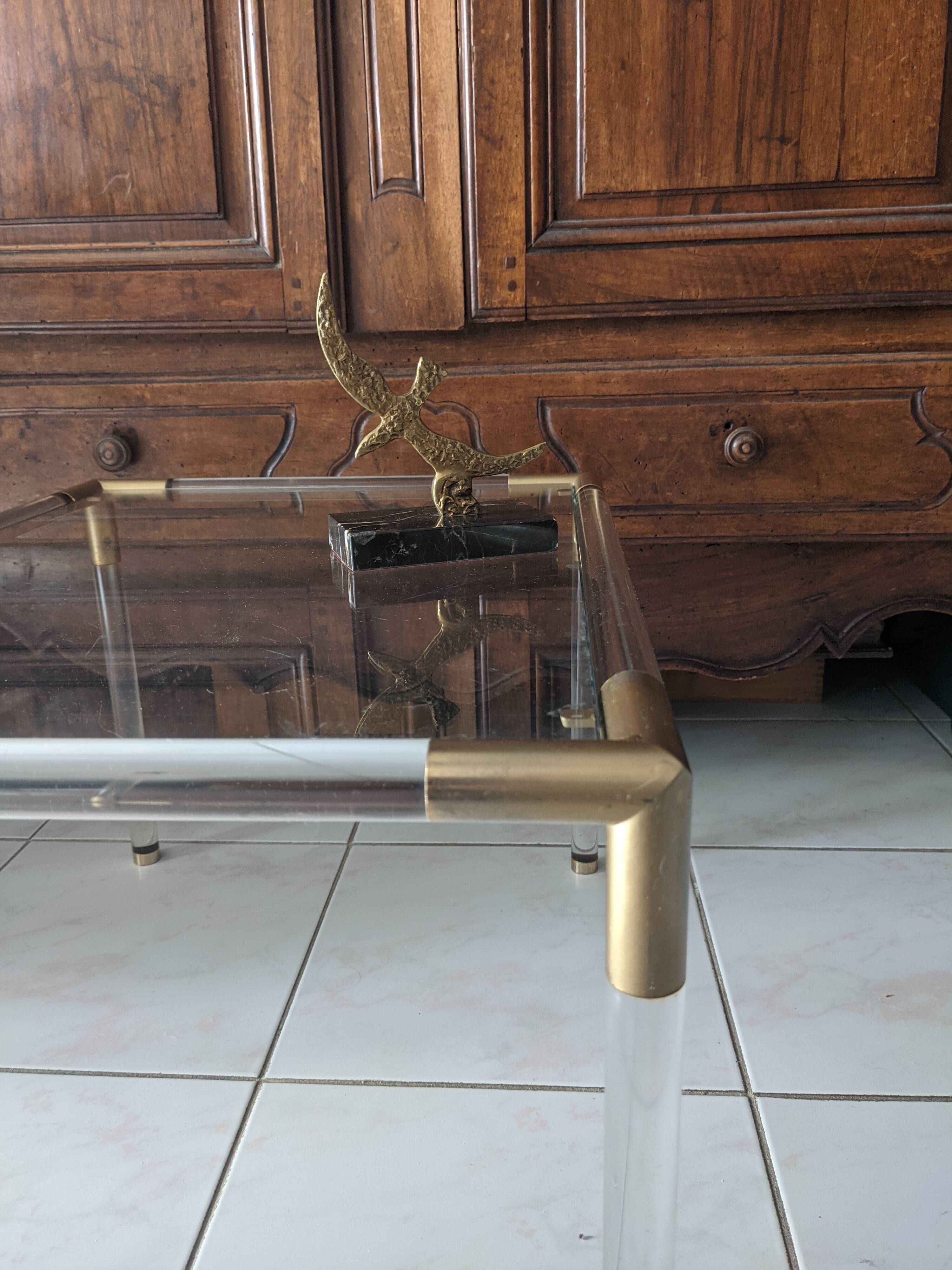 Vintage coffee table in plexiglass, glass and gold metal 1970