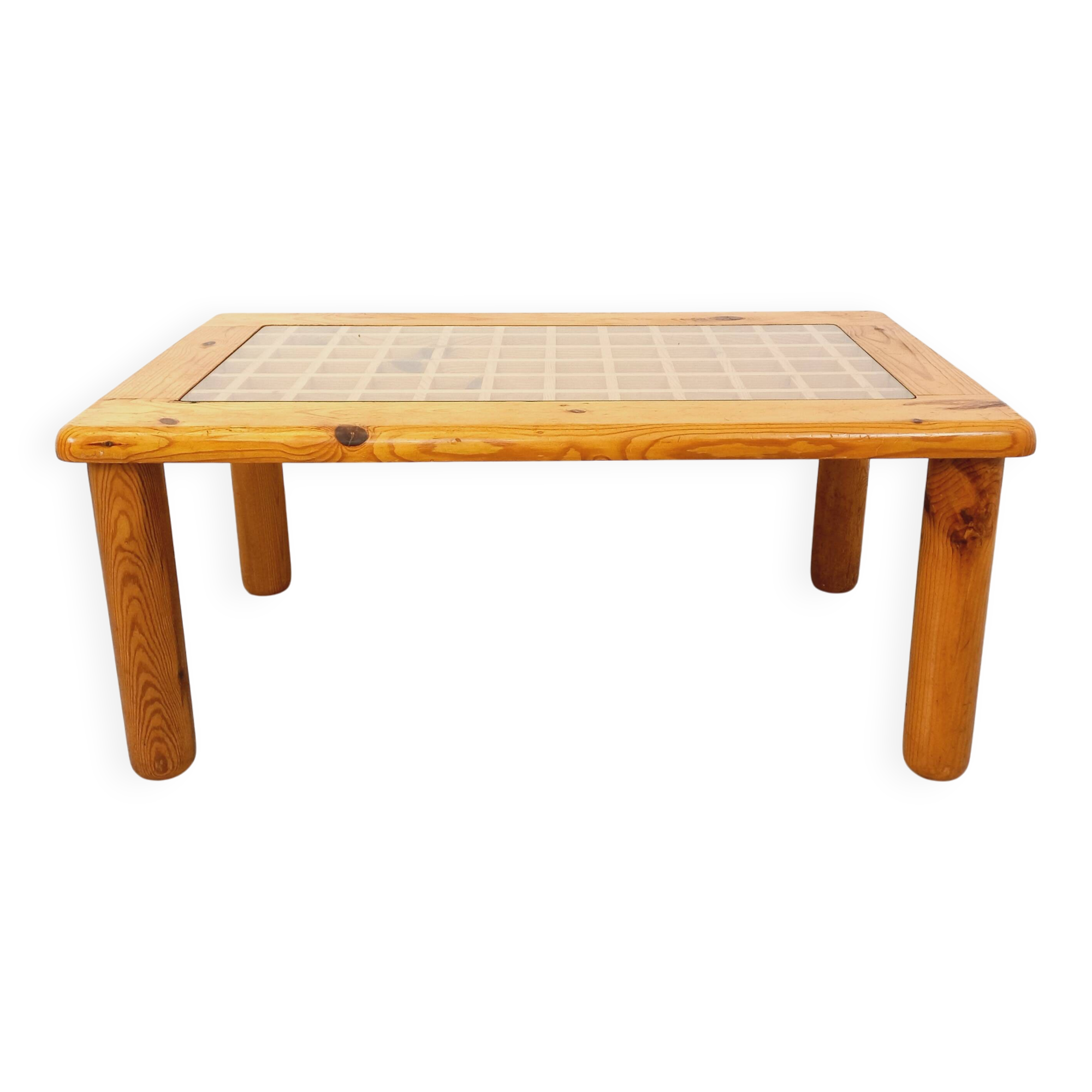 Vintage modernist coffee table in pine and glass from the 70s and 80s.