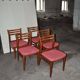 Set of 5 brown wooden chairs from the 70s, with red fabric seats - 2 with armrests.