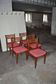 Set of 5 brown wooden chairs from the 70s, with red fabric seats - 2 with armrests.