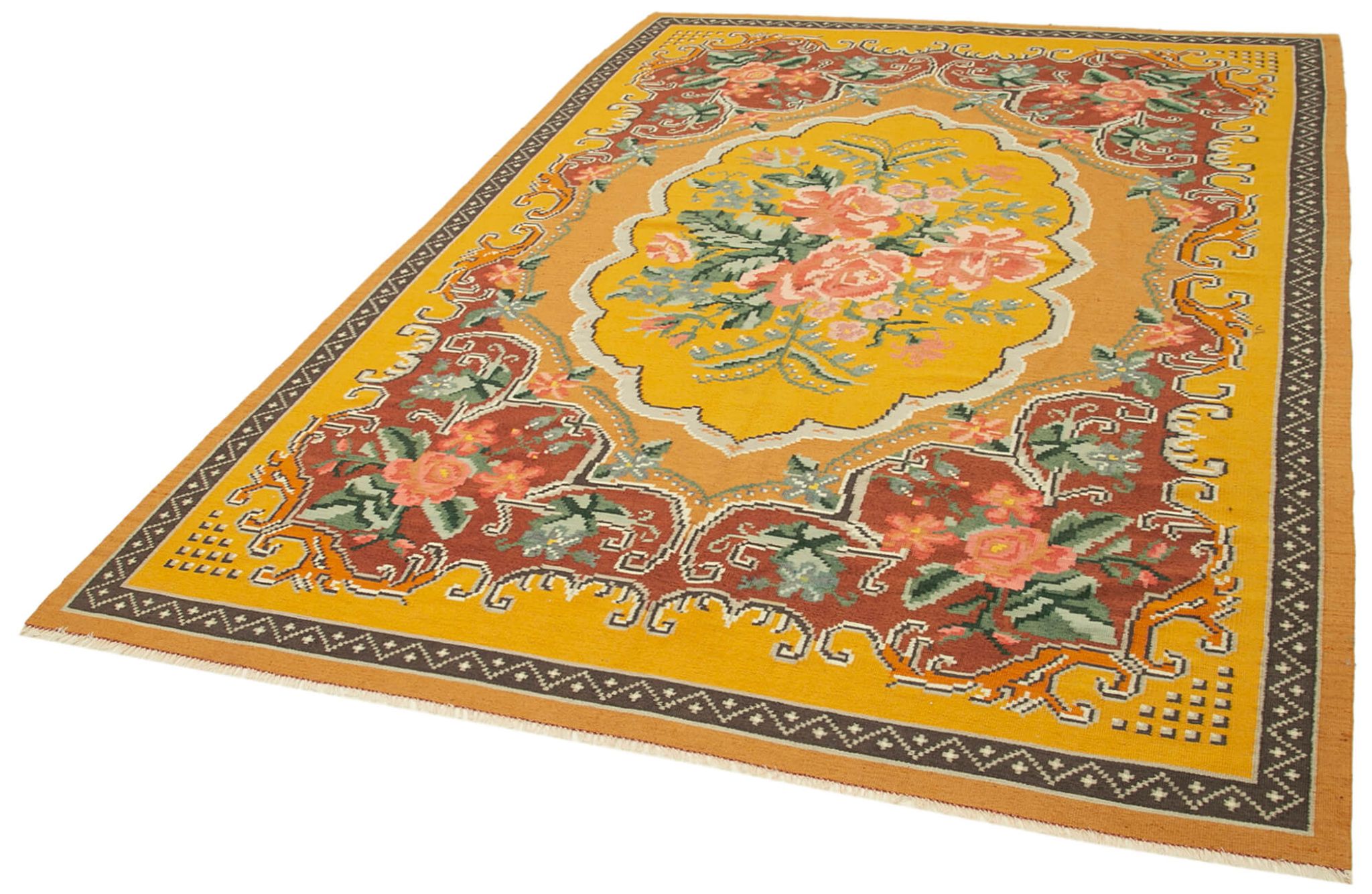 Handmade vintage moldov yellow kilim 197 cm x 291 cm - 23440