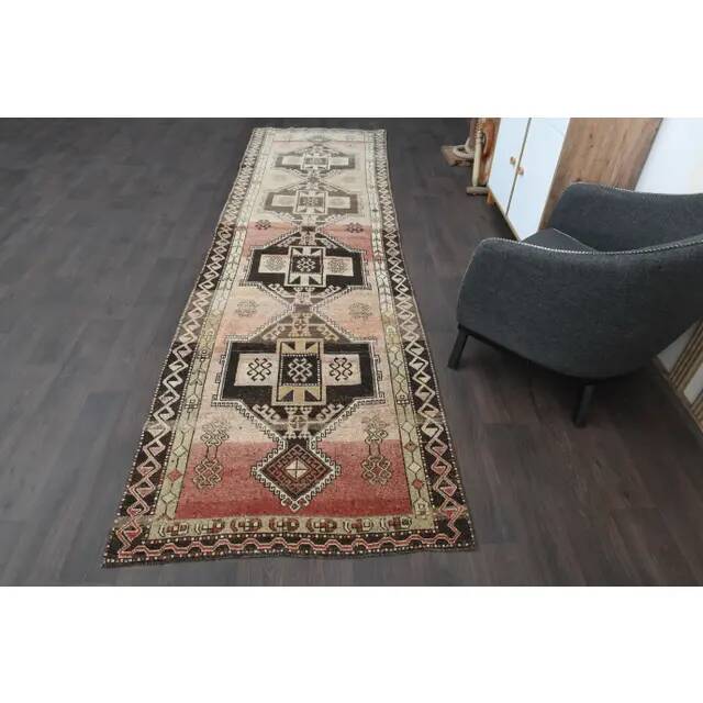 1970s Turkish Oushak Handmade Wool Cotton Orange Runner Rug 117x391