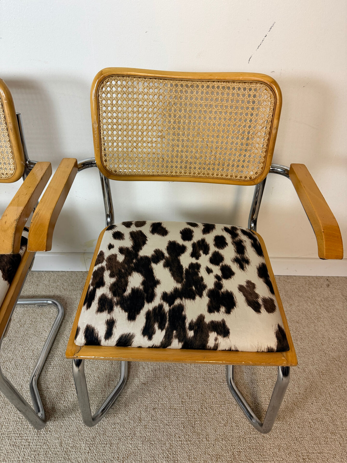 4 fauteuils cannés chrome et bois années 70