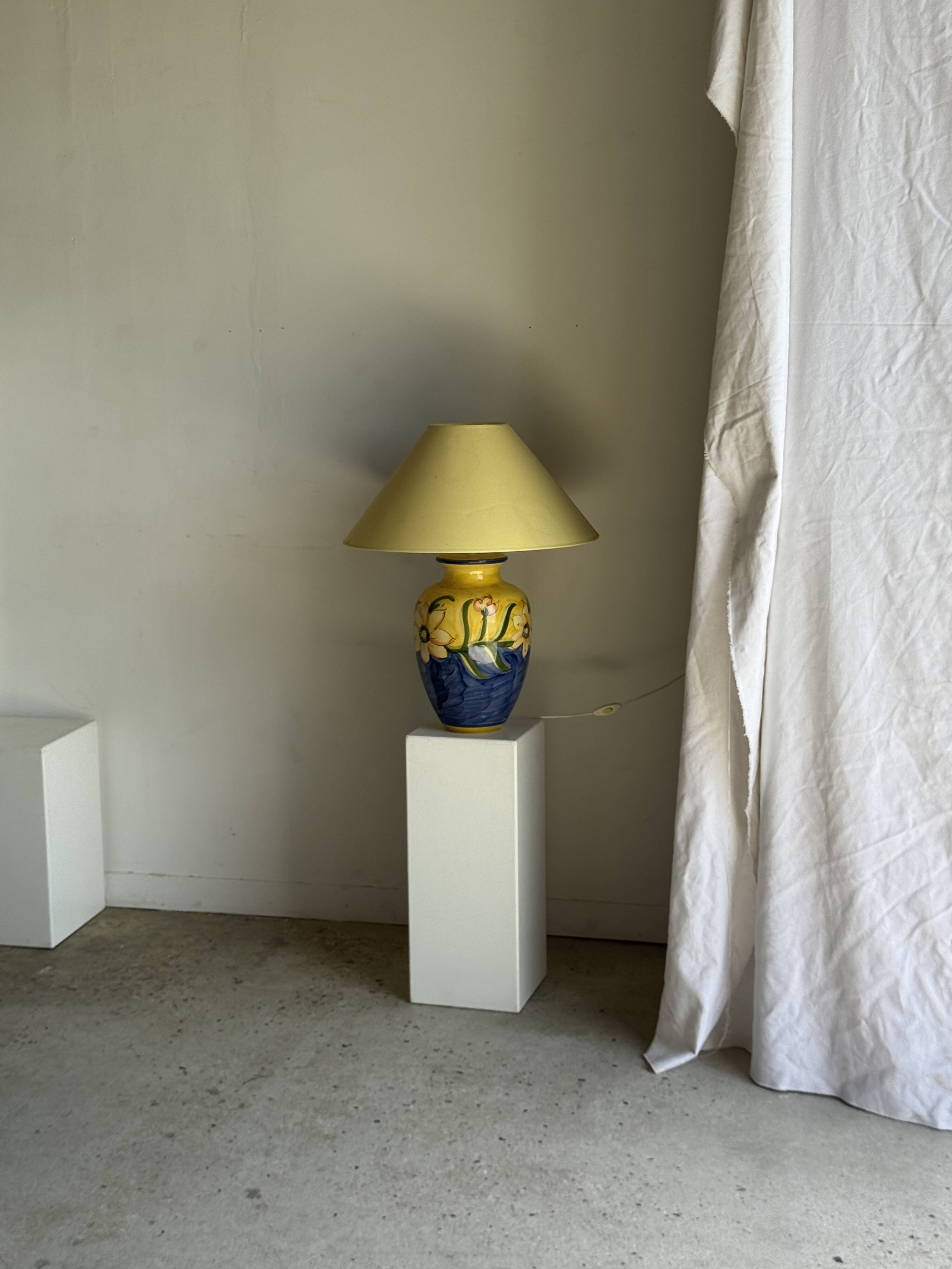 Large blue and yellow lamp with floral patterns H60