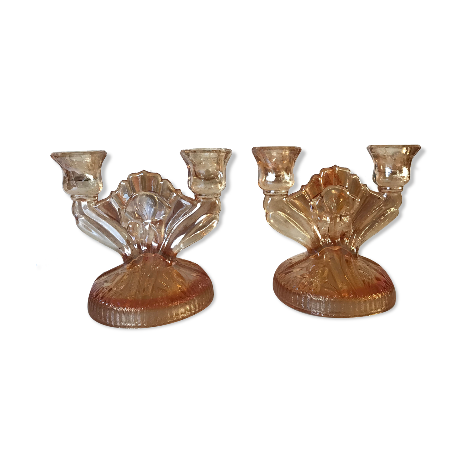 pair of Art Deco iridescent glass candle holders