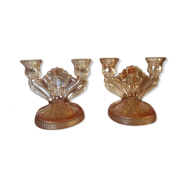 Paire de bougeoirs en verre irisé art déco