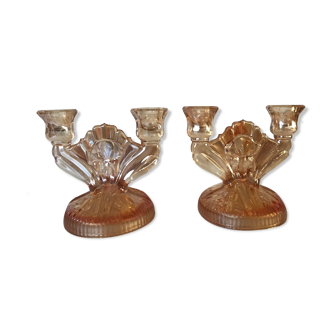 pair of Art Deco iridescent glass candle holders