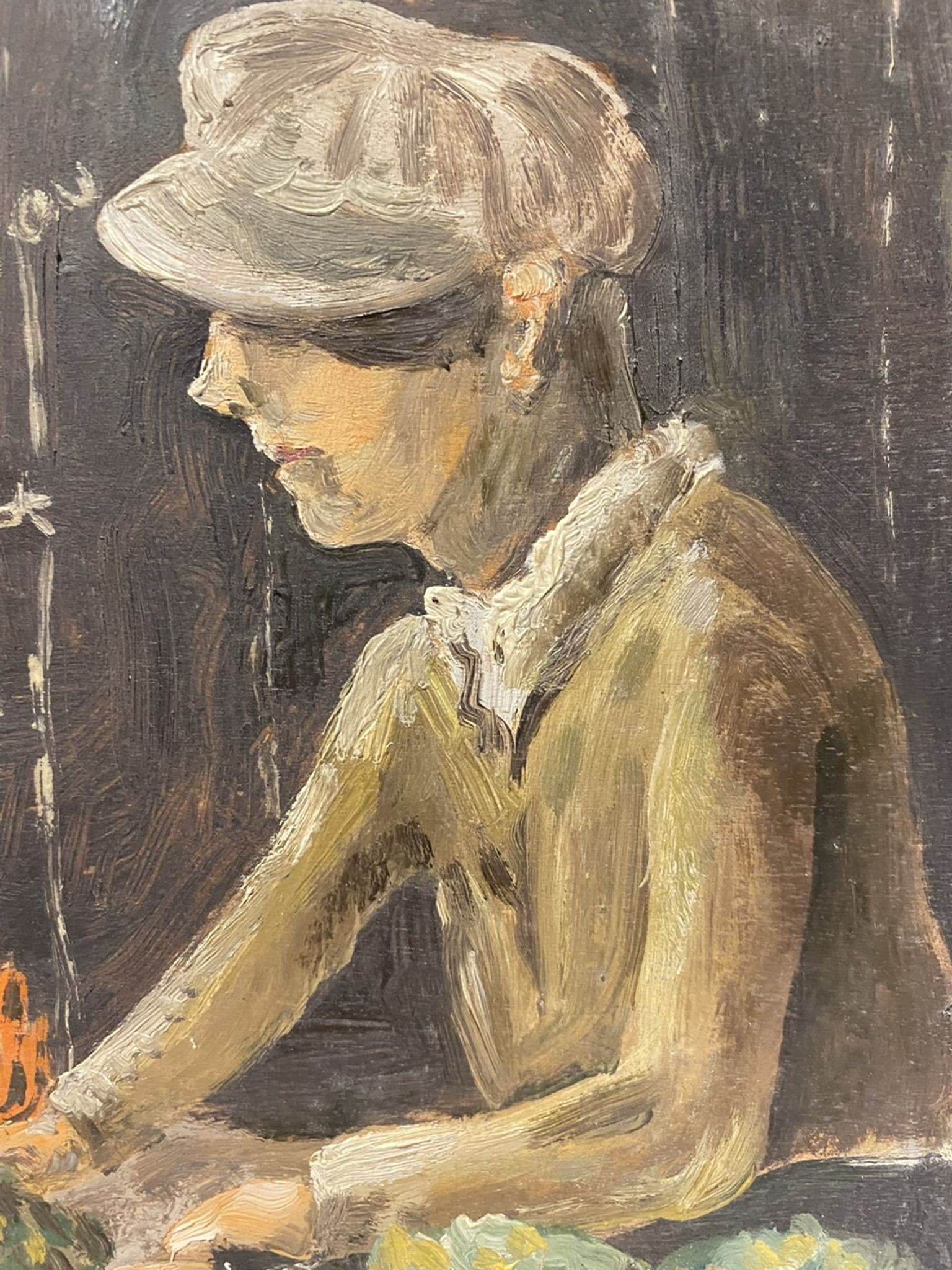 Old painting, portrait of a boy in a vegetable garden signed Dufraisse dated 1944