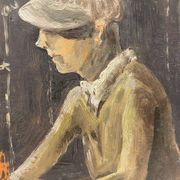 Old painting, portrait of a boy in a vegetable garden signed Dufraisse dated 1944