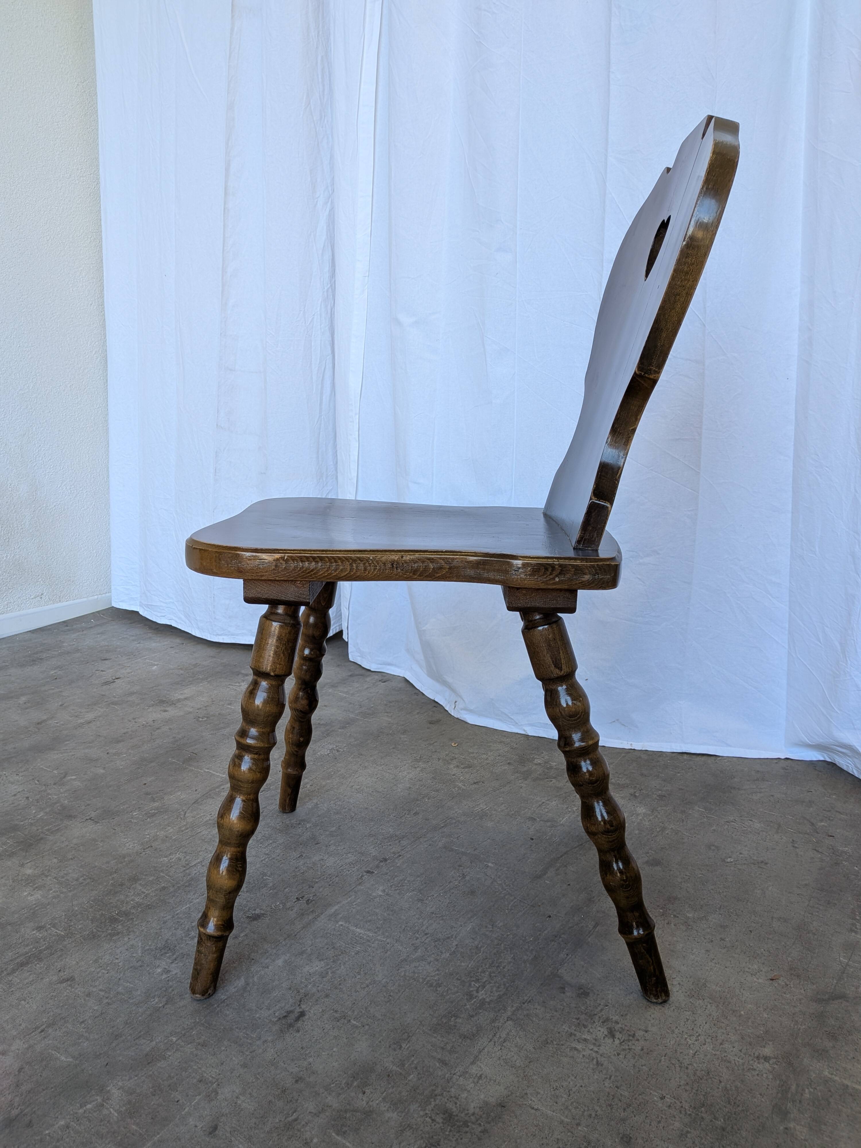 Vintage Tyrolean Heart Cutout Wooden Dining Chair / Bobbin-turned Legs