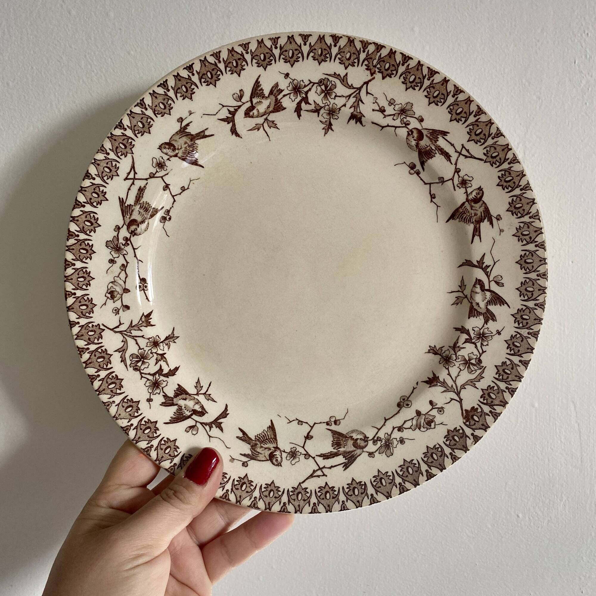 Set of 8 old flat plates in iron earth, decorations of HBC swallows