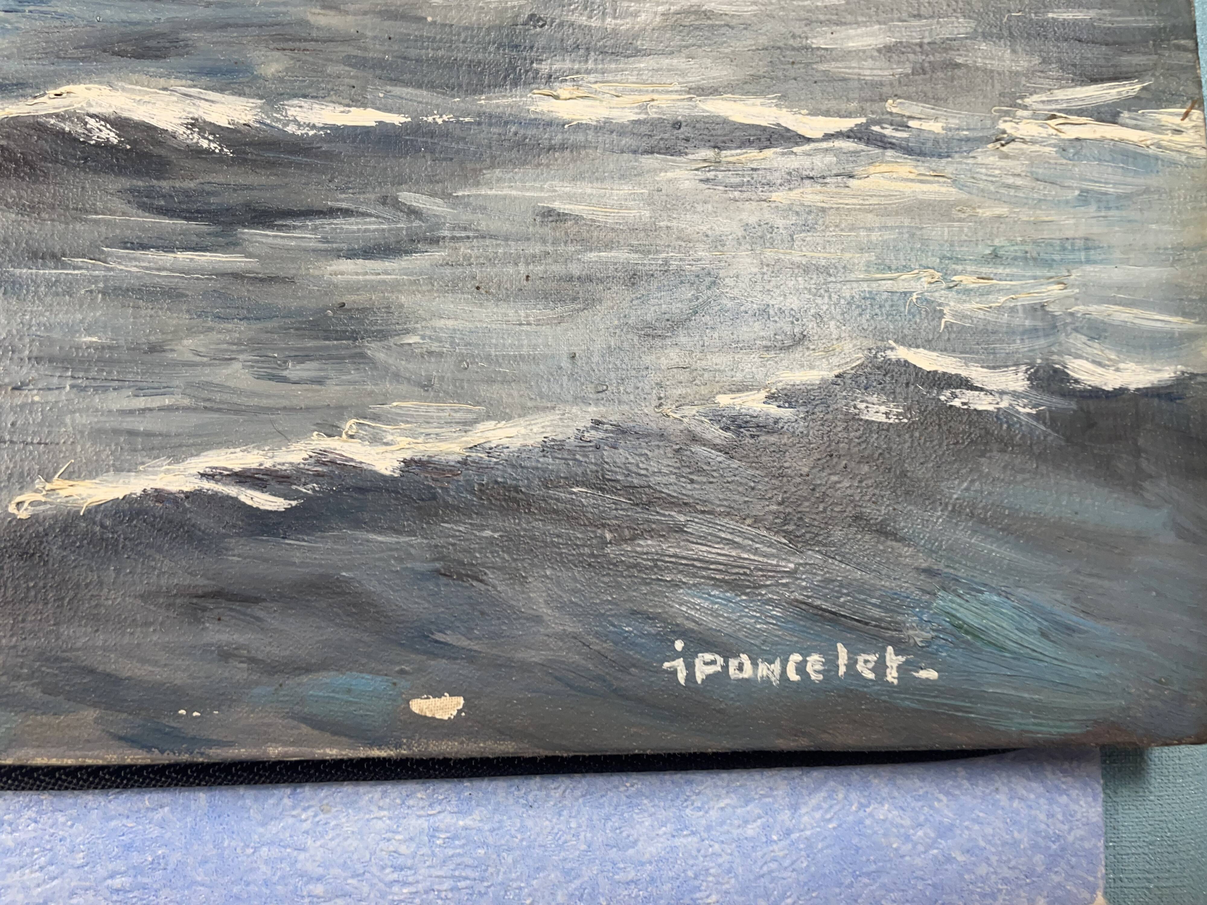 oil on canvas - Marine, Battleship on rough sea, signed Poncelet