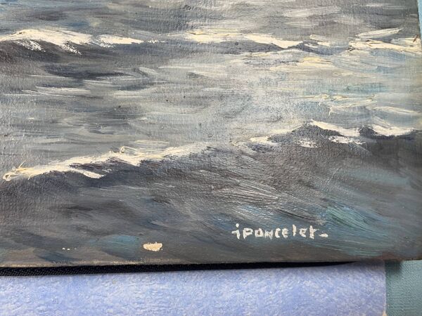 huile sur toile - Marine, Cuirassé sur mer houleuse, signé Poncelet