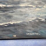 oil on canvas - Marine, Battleship on rough sea, signed Poncelet