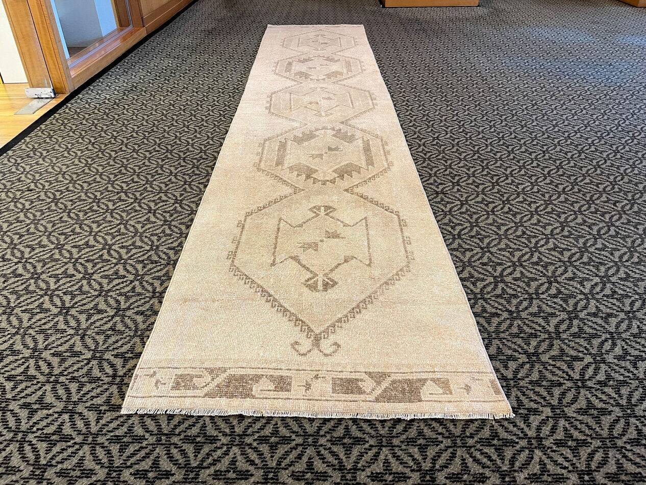 Vintage Handmade Soft Beige and Brown Long Hallway Runner