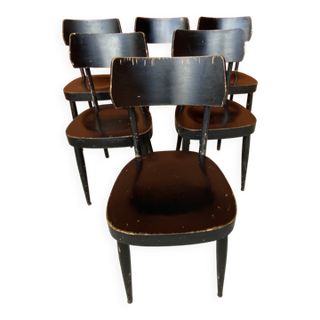 6 patinated curved wood bistro chairs