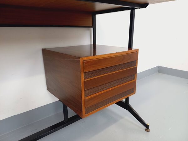 Bureau italien moderniste avec bibliothèque étagère string teck métal