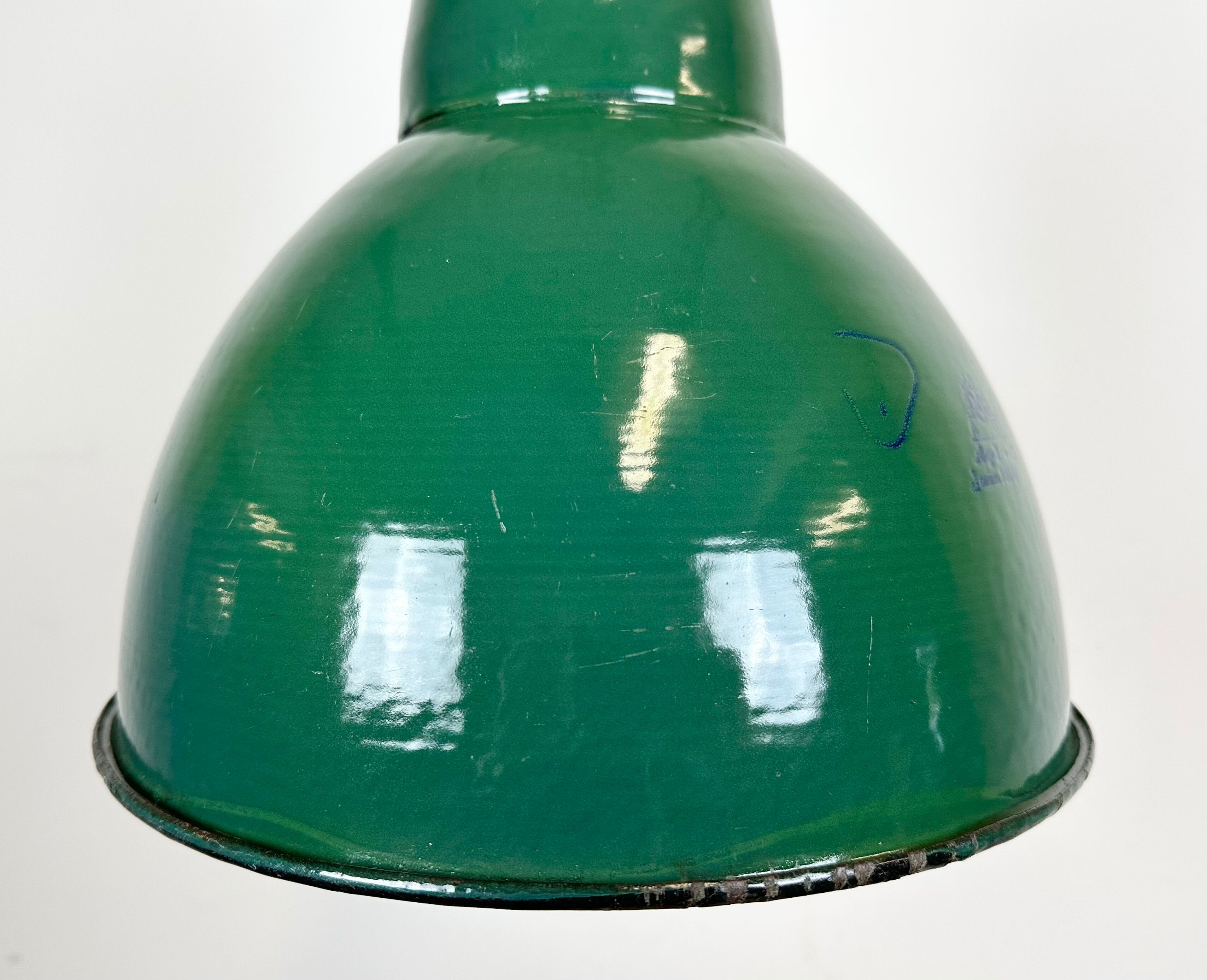 Industrial green enamel factory lamp with cast iron top, 1960s
