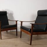Pair of Scandinavian teak and leatherette armchairs, 1960