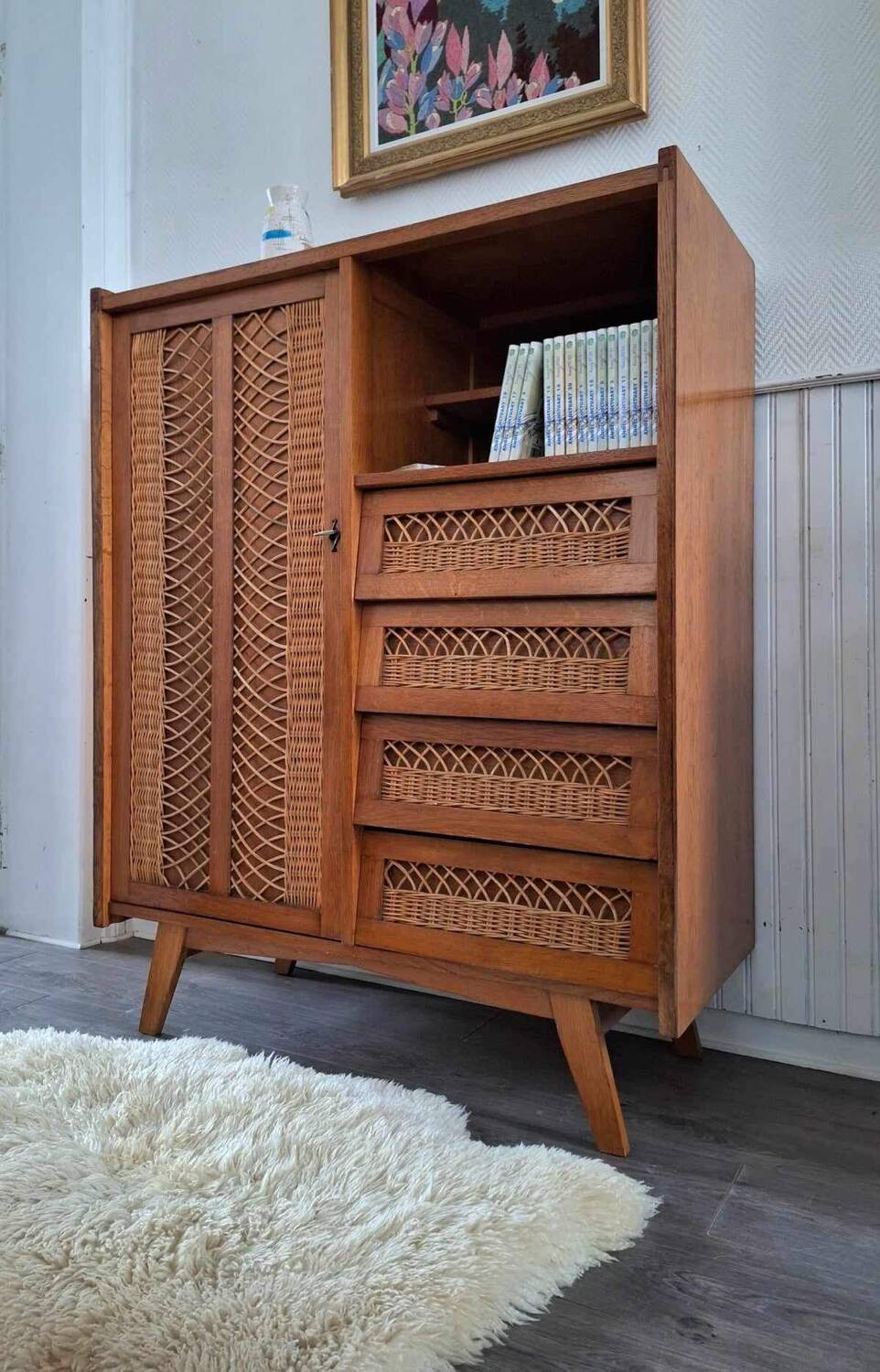 Vintage rattan cabinet with compass feet, old wicker chest of drawers