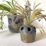 Cache pot et pique fleurs , poterie au sel , années 70