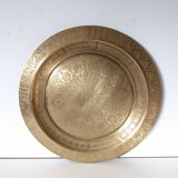 Plateau marocain gravé rond métal doré , cuivre jaune