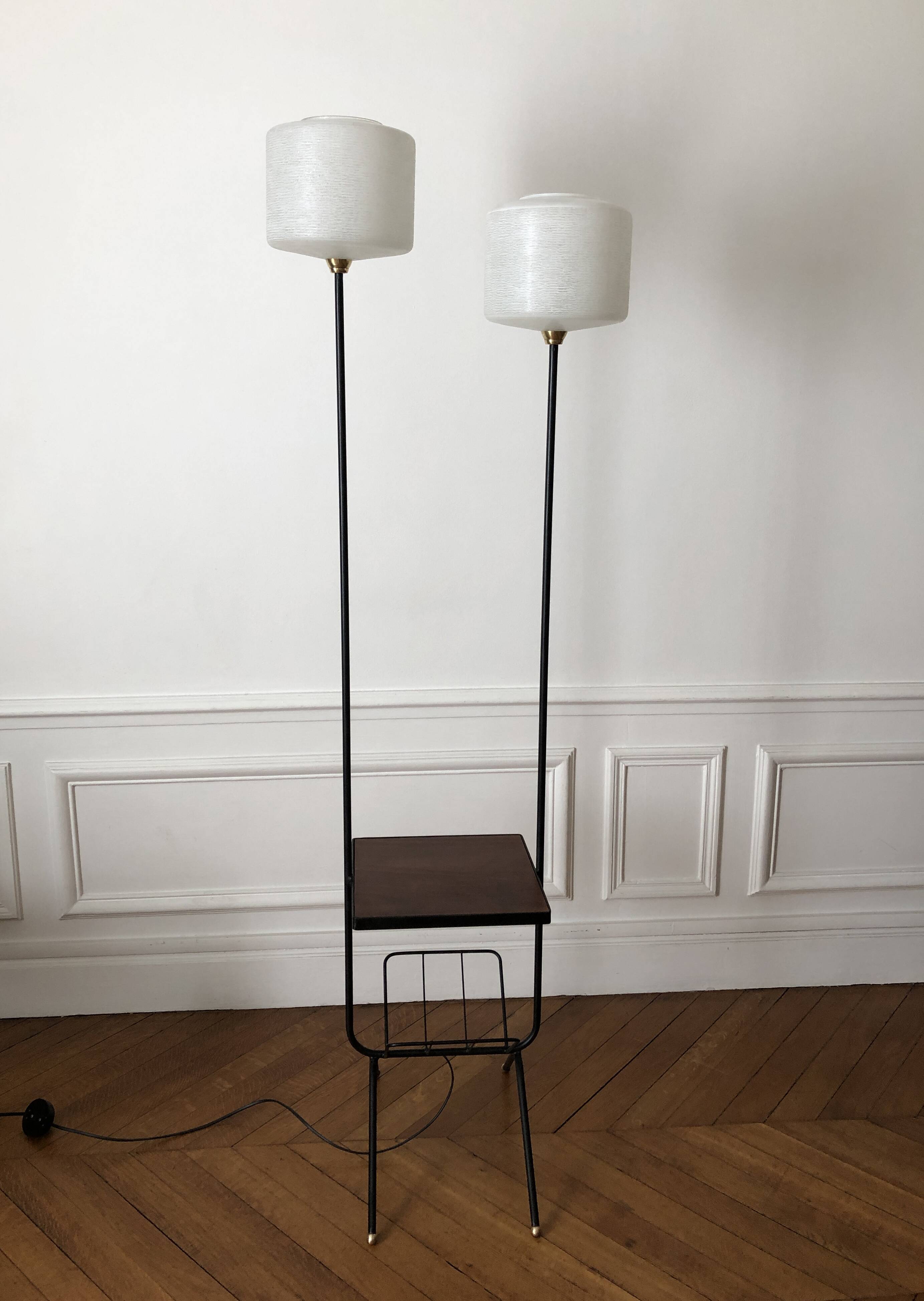1950s-60s floor lamp with 2 lights - shelf - magazine holder