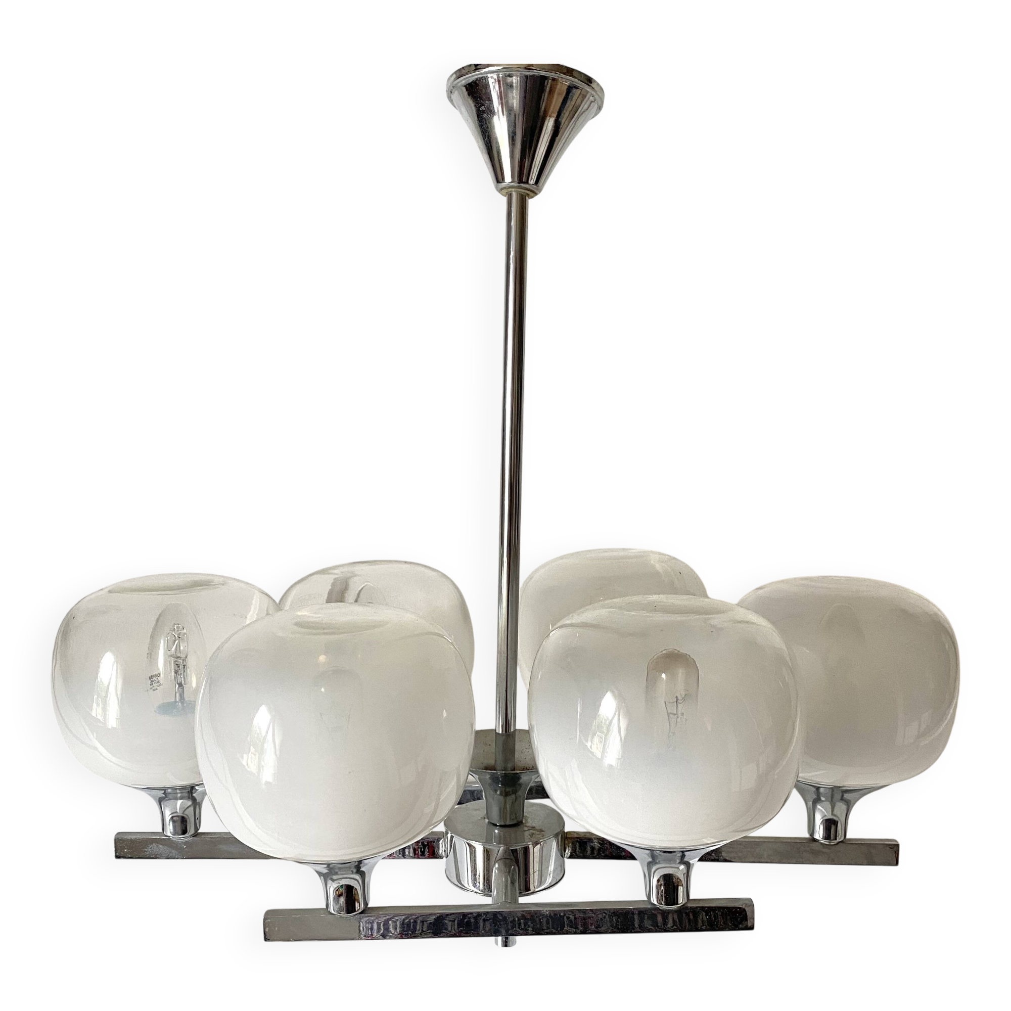 Space Age chandelier, Italian design, chrome and glass